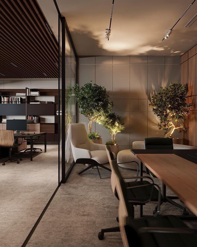 Design concept visualisation of a studio workspace with warm wood slat ceilings, glass partitions, indoor trees and soft evening light