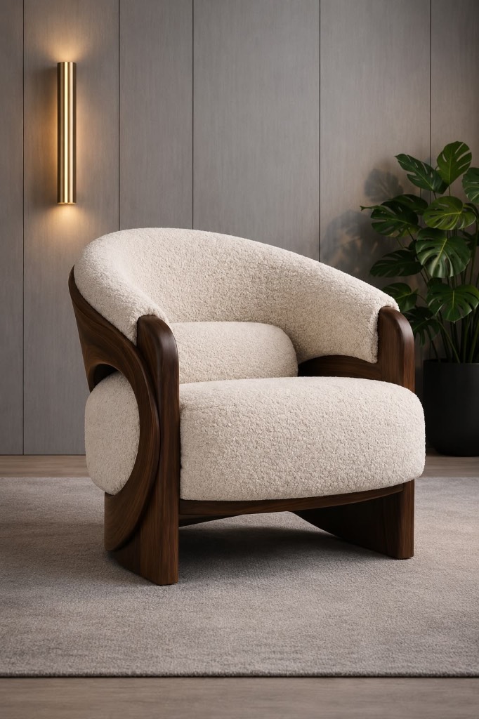 Cream bouclé lounge chair with a curved dark wood frame beside a plant and wall light