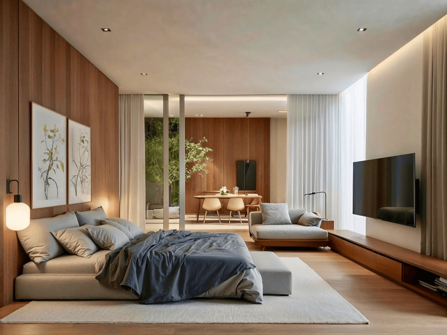 Design concept visualisation of a calm apartment bedroom with warm timber panelling, soft neutral bedding and a view into a dining area