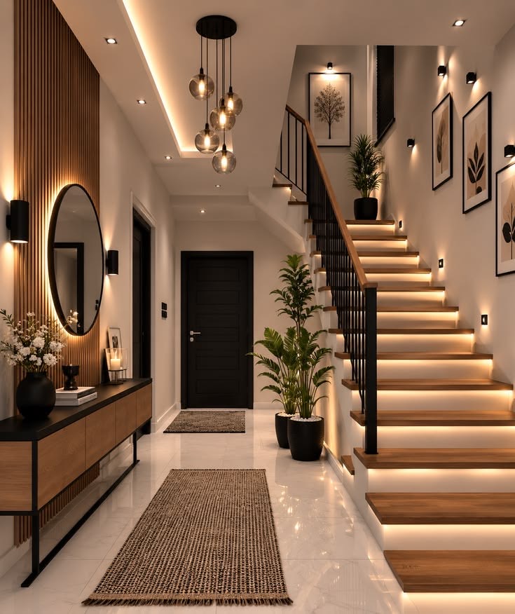 Design concept visualisation of a home entrance hall with warm timber panelling, a backlit stair, pendant lights and a round mirror over a console