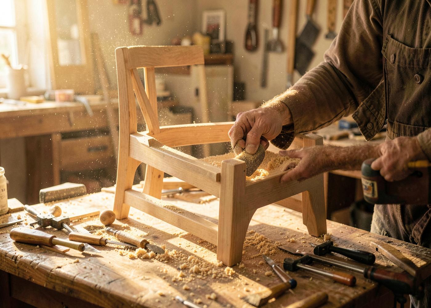 A craftsman sanding a solid timber chair frame at a workbench in warm light