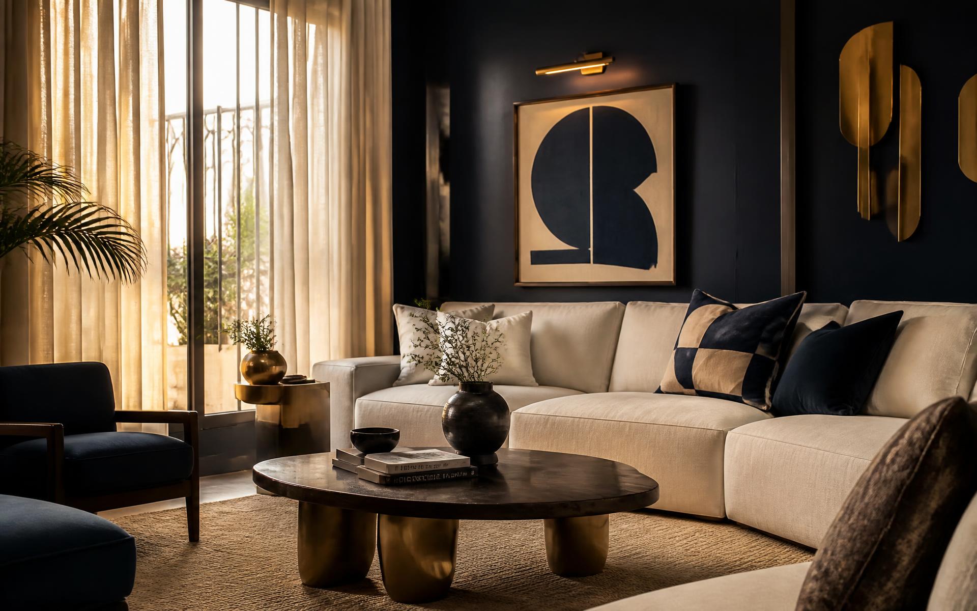 Interior design concept: a living room with deep navy walls, a cream linen sofa and brass accents in warm evening light